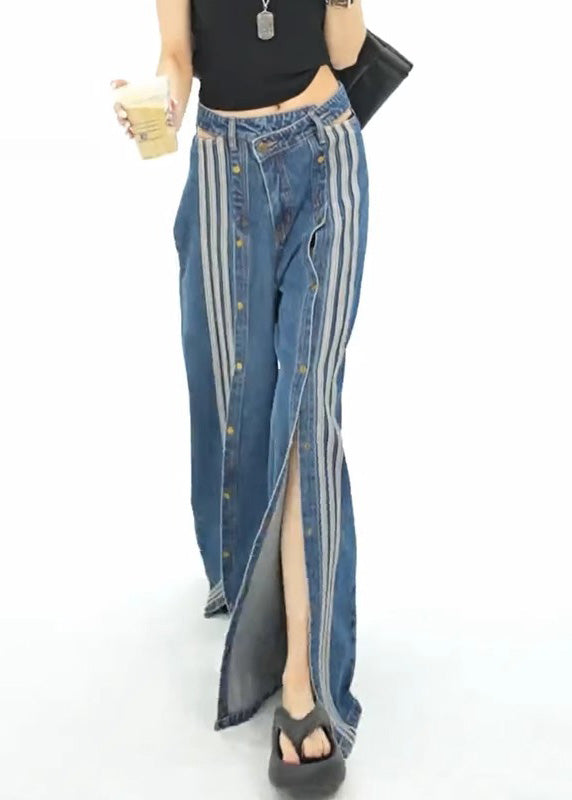 Spring Wide Stylish Pants Leg Open Side Denim Blue Pockets FashionChic