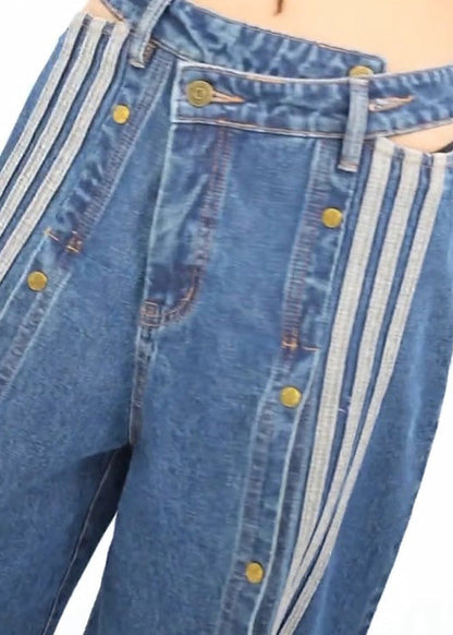 Spring Wide Stylish Pants Leg Open Side Denim Blue Pockets FashionChic