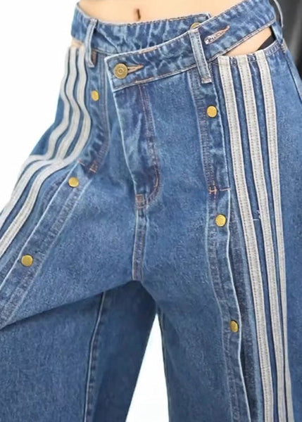 Spring Wide Stylish Pants Leg Open Side Denim Blue Pockets FashionChic