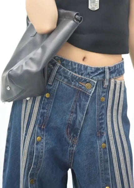 Spring Wide Stylish Pants Leg Open Side Denim Blue Pockets FashionChic