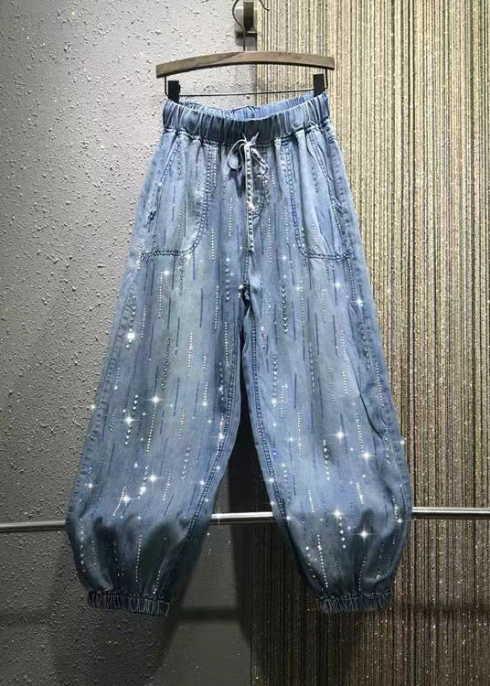 Stylish Blue Pockets Zircon Elastic Waist Denim Pants Summer BV078 MZF-CPTS240702