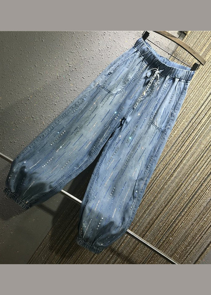 Stylish Blue Pockets Zircon Elastic Waist Denim Pants Summer BV078 MZF-CPTS240702