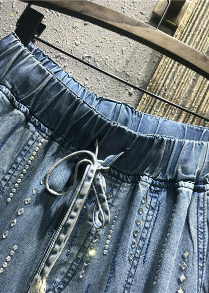 Stylish Blue Pockets Zircon Elastic Waist Denim Pants Summer BV078 MZF-CPTS240702