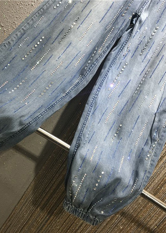 Stylish Blue Pockets Zircon Elastic Waist Denim Pants Summer BV078 MZF-CPTS240702