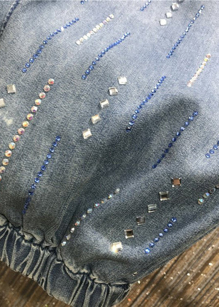 Stylish Blue Pockets Zircon Elastic Waist Denim Pants Summer BV078 MZF-CPTS240702