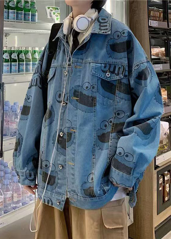 Stylish Mens Button Blue Spring Print Coats Denim FashionChic