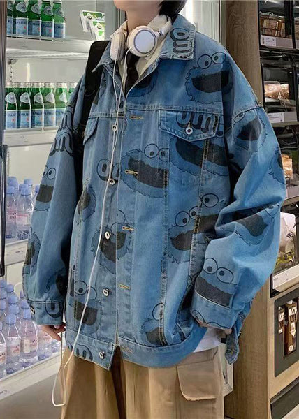 Stylish Mens Button Blue Spring Print Coats Denim FashionChic