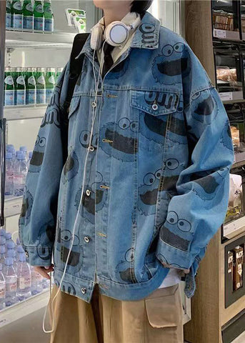 Stylish Mens Button Blue Spring Print Coats Denim FashionChic