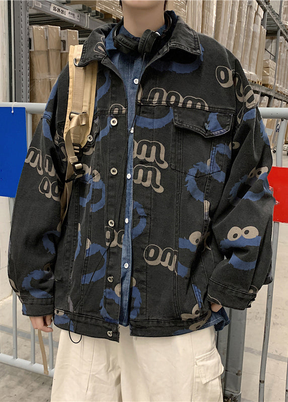 Stylish Mens Button Blue Spring Print Coats Denim FashionChic