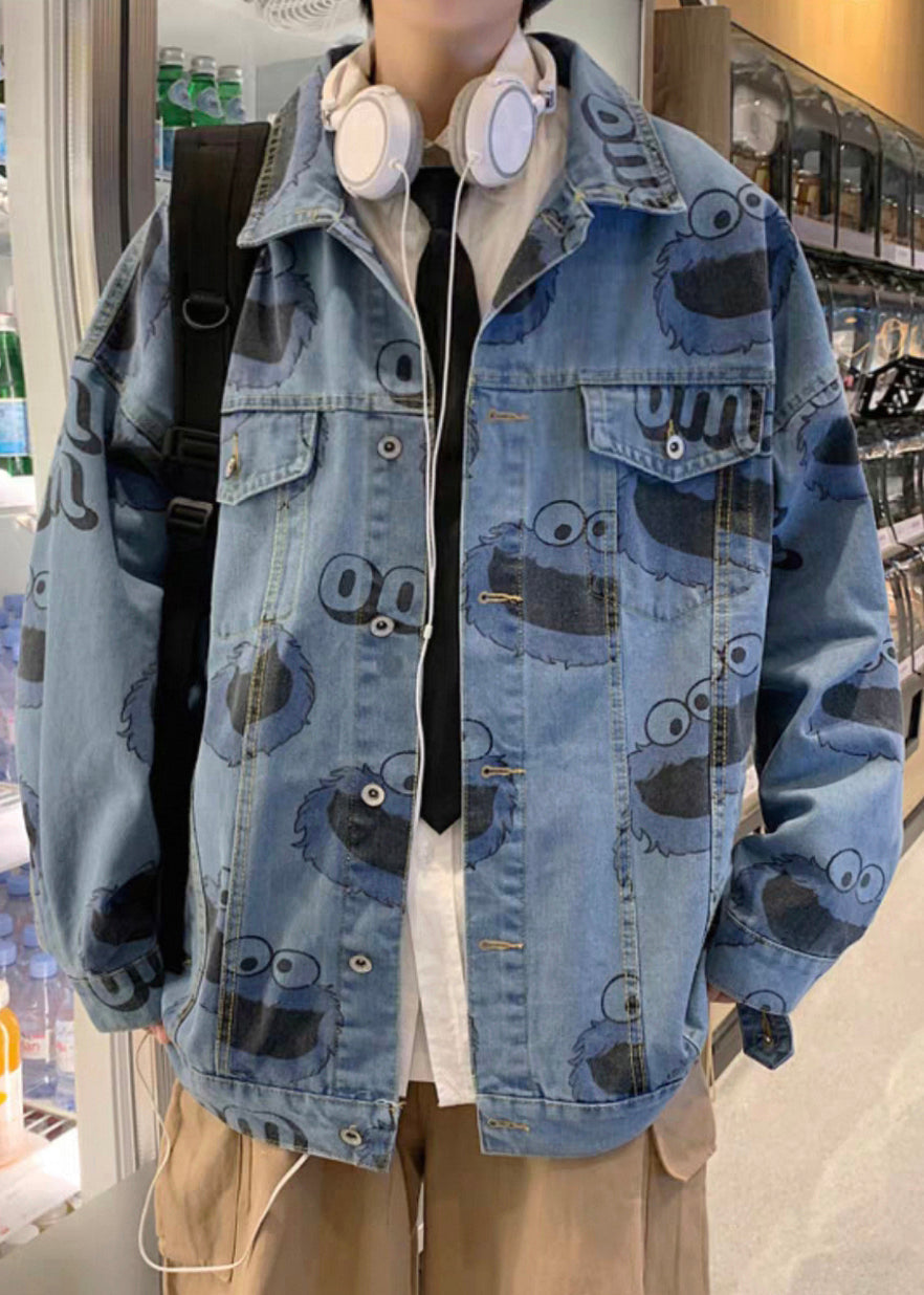 Stylish Mens Button Blue Spring Print Coats Denim FashionChic