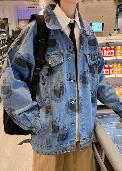 Stylish Mens Button Blue Spring Print Coats Denim FashionChic