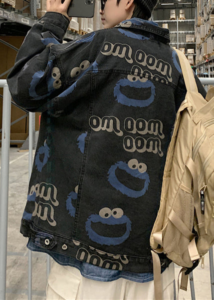 Stylish Mens Button Blue Spring Print Coats Denim FashionChic