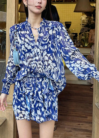 Cotton Two Stylish Blue Summer Print Pieces And Set Shirts Skirts FashionChic