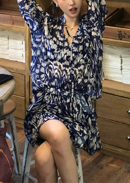 Cotton Two Stylish Blue Summer Print Pieces And Set Shirts Skirts FashionChic