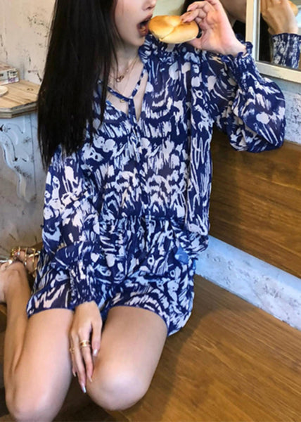 Cotton Two Stylish Blue Summer Print Pieces And Set Shirts Skirts FashionChic