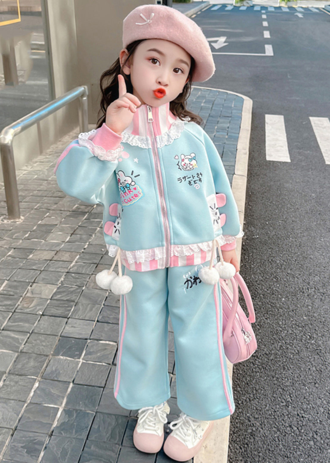 Stylish Blue Ruffled Patchwork Kids Coats And Straight Pants Two Pieces Set Spring TR027 ABC