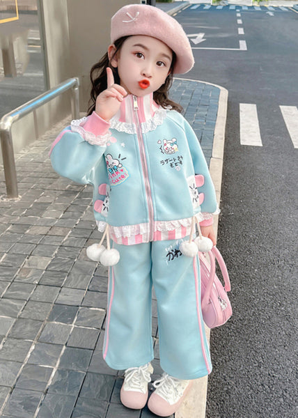 Stylish Blue Ruffled Patchwork Kids Coats And Straight Pants Two Pieces Set Spring TR027 ABC