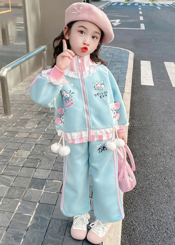 Stylish Blue Ruffled Patchwork Kids Coats And Straight Pants Two Pieces Set Spring TR027 ABC