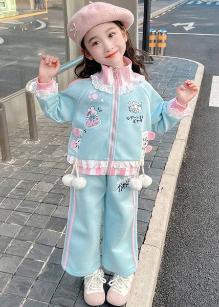 Stylish Blue Ruffled Patchwork Kids Coats And Straight Pants Two Pieces Set Spring TR027 ABC