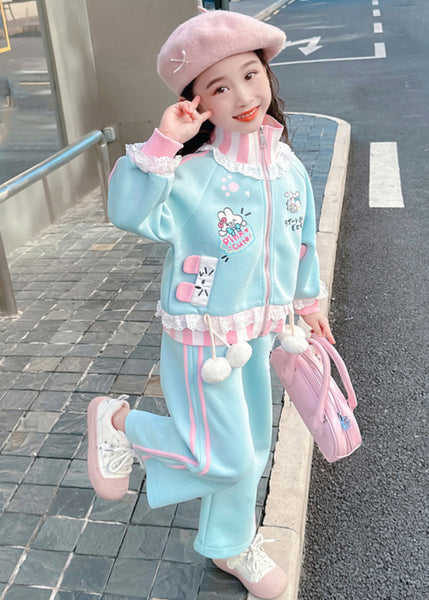 Stylish Blue Ruffled Patchwork Kids Coats And Straight Pants Two Pieces Set Spring TR027 ABC