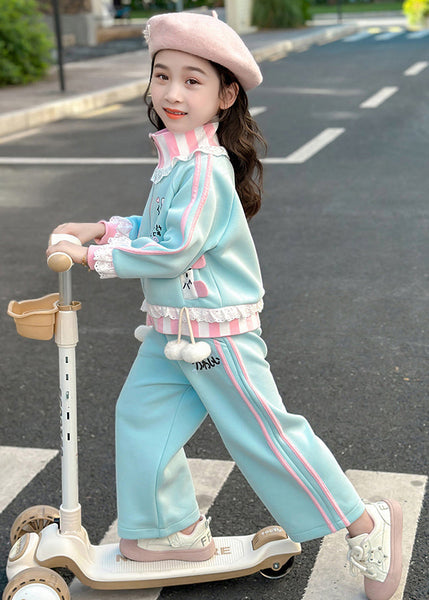 Stylish Blue Ruffled Patchwork Kids Coats And Straight Pants Two Pieces Set Spring TR027 ABC