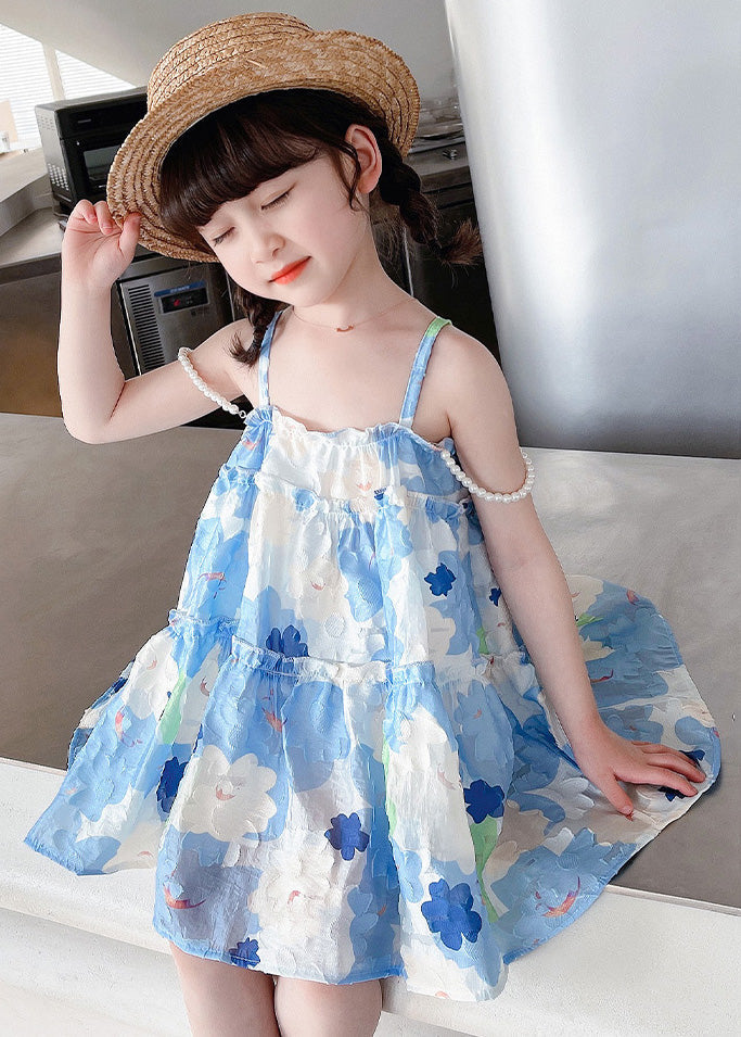 Stylish Blue Ruffled Print Cotton Girls Mid Dress Sleeveless EW064 WS-RCTZSDGM240809