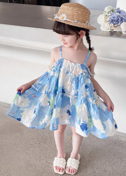 Stylish Blue Ruffled Print Cotton Girls Mid Dress Sleeveless EW064 WS-RCTZSDGM240809