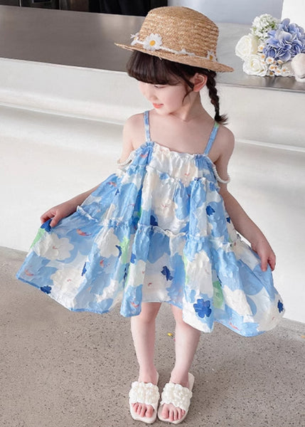 Stylish Blue Ruffled Print Cotton Girls Mid Dress Sleeveless EW064 WS-RCTZSDGM240809