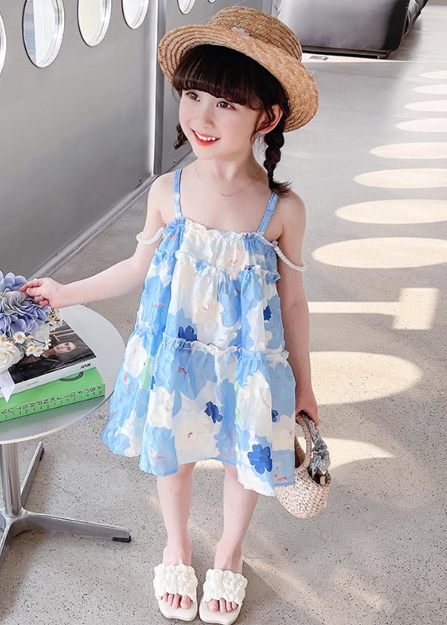 Stylish Blue Ruffled Print Cotton Girls Mid Dress Sleeveless EW064 WS-RCTZSDGM240809