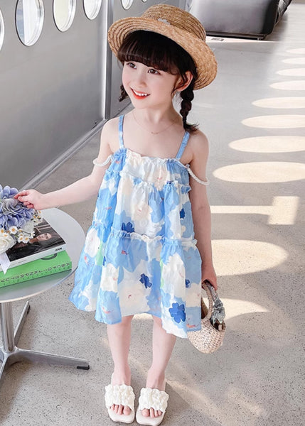 Stylish Blue Ruffled Print Cotton Girls Mid Dress Sleeveless EW064 WS-RCTZSDGM240809