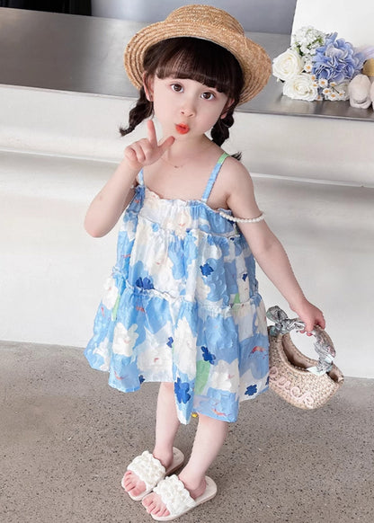 Stylish Blue Ruffled Print Cotton Girls Mid Dress Sleeveless EW064 WS-RCTZSDGM240809