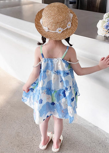Stylish Blue Ruffled Print Cotton Girls Mid Dress Sleeveless EW064 WS-RCTZSDGM240809
