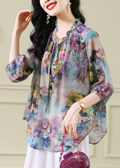 Stylish Blue Ruffled Print Lace Up Chiffon Top Half Sleeve AB1031 Genistyle Shop