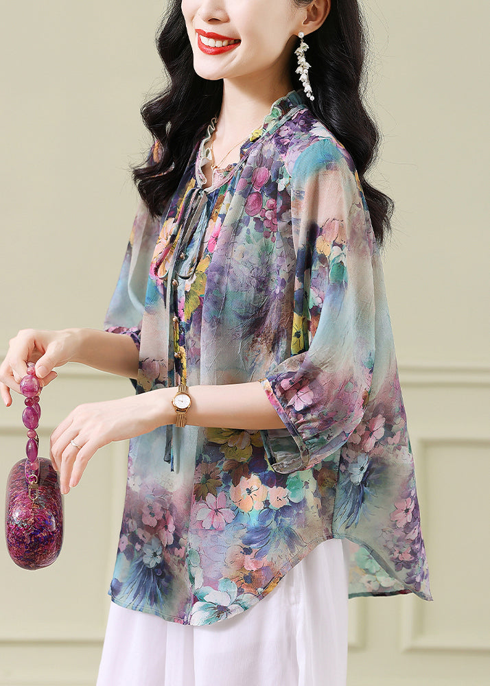 Stylish Blue Ruffled Print Lace Up Chiffon Top Half Sleeve AB1031 Genistyle Shop