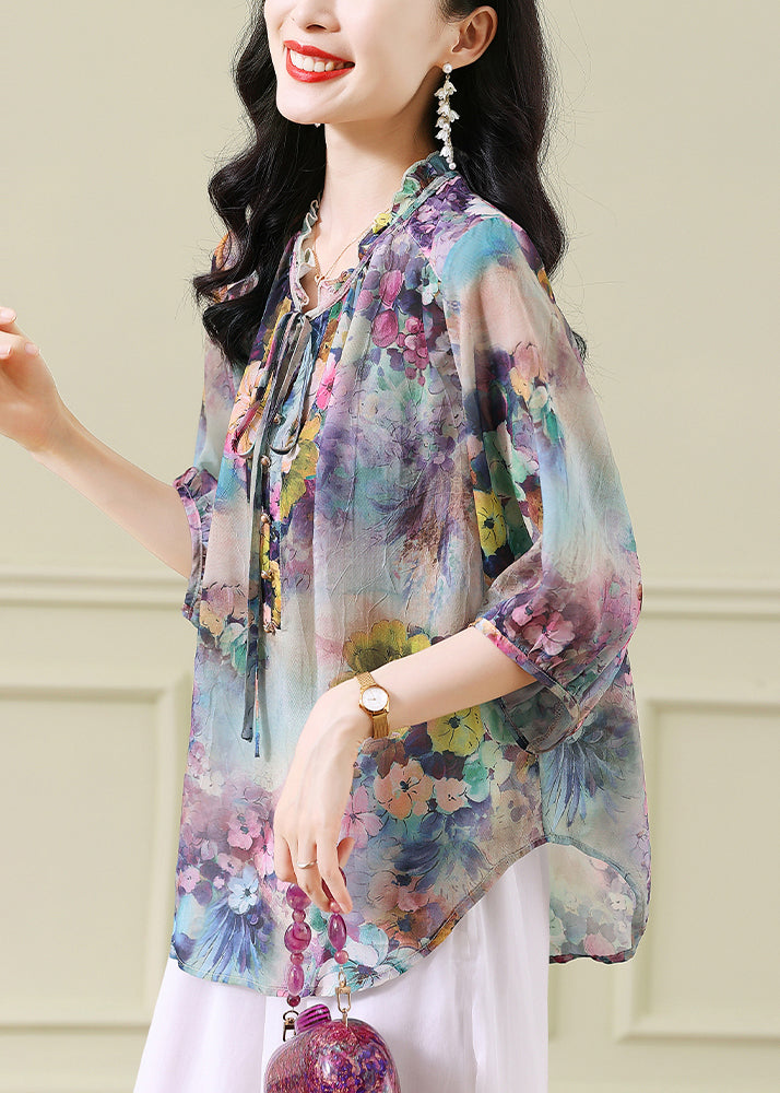 Stylish Blue Ruffled Print Lace Up Chiffon Top Half Sleeve AB1031 Genistyle Shop