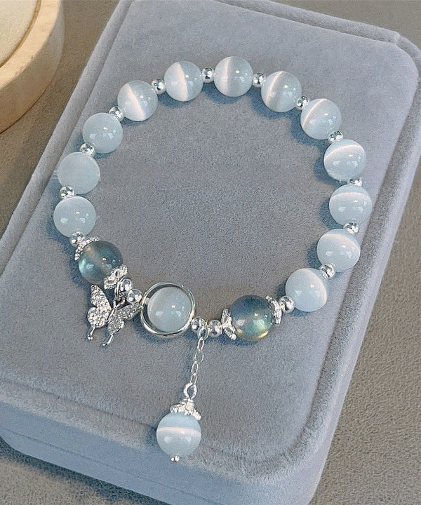 Stylish Blue Sterling Silver Crystal Cat's Eye Stone Butterfly Tassel Charm Bracelet WF001 JEW-BRA241111