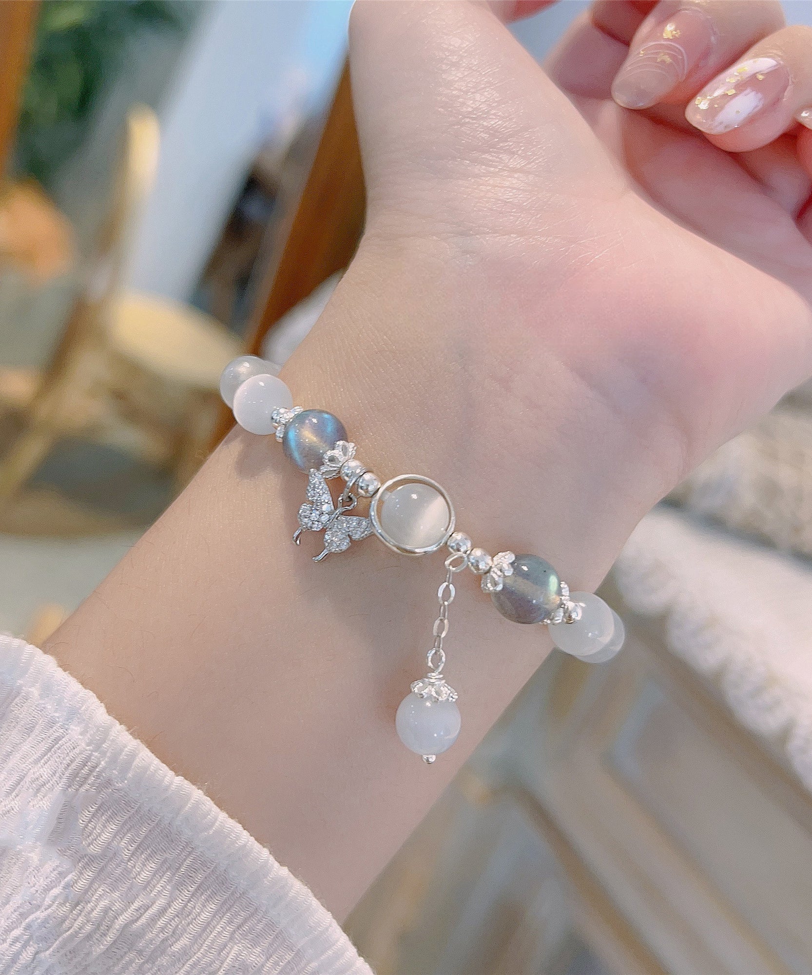 Stylish Blue Sterling Silver Crystal Cat's Eye Stone Butterfly Tassel Charm Bracelet WF001 JEW-BRA241111