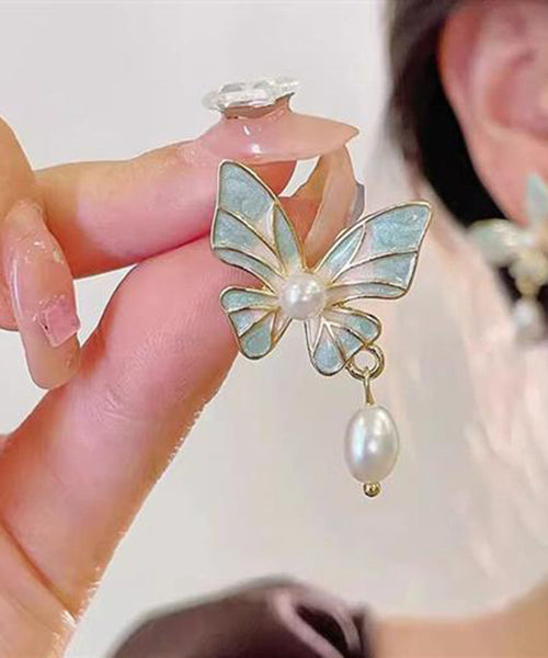 Stylish Blue Sterling Silver Overgild Pearl Butterfly Enamel Drop Earrings WH030 JEW-EAR241116
