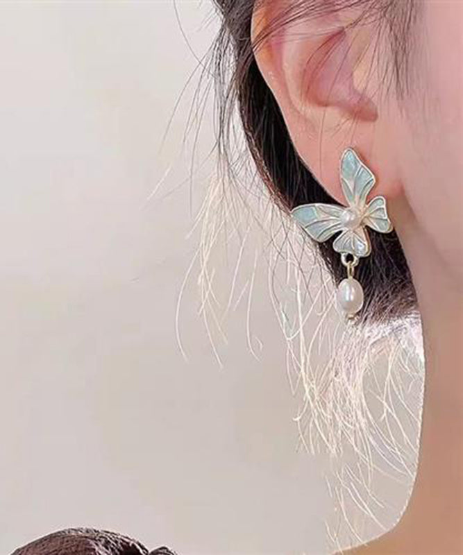 Stylish Blue Sterling Silver Overgild Pearl Butterfly Enamel Drop Earrings WH030 JEW-EAR241116