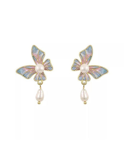 Stylish Blue Sterling Silver Overgild Pearl Butterfly Enamel Drop Earrings WH030 JEW-EAR241116