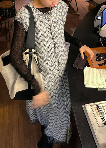 Stylish Blue Tasseled Knit Vest Dress Sleeveless RL013 ABC