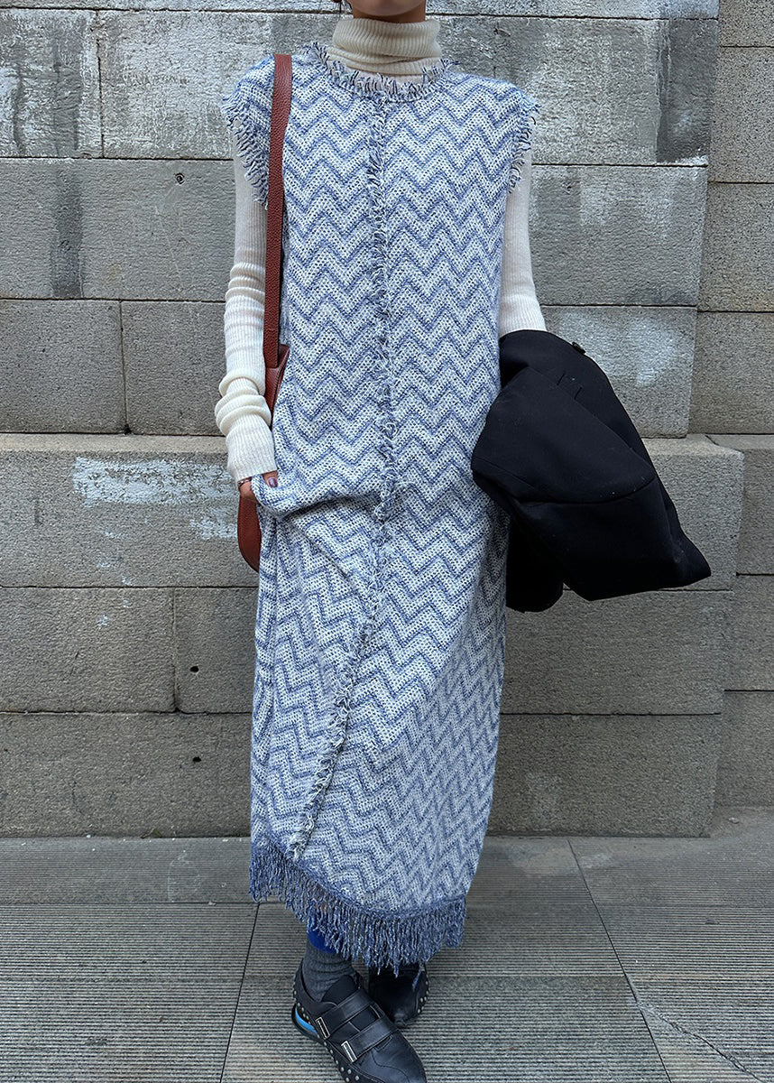 Stylish Blue Tasseled Knit Vest Dress Sleeveless RL013 ABC