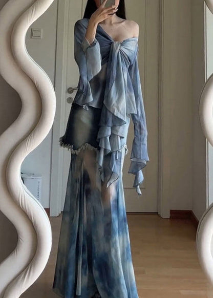 Dye Set Pieces Stylish Patchwork Tulle Tie Two Flare Up Lace Blue FashionChic