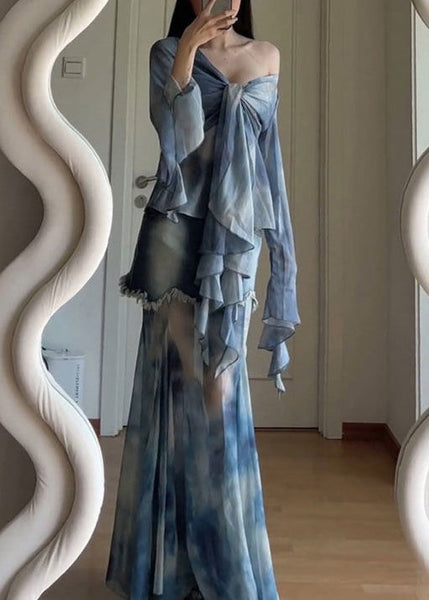 Dye Set Pieces Stylish Patchwork Tulle Tie Two Flare Up Lace Blue FashionChic