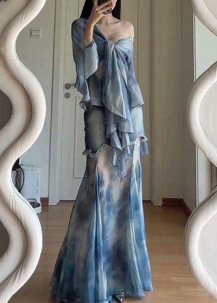 Dye Set Pieces Stylish Patchwork Tulle Tie Two Flare Up Lace Blue FashionChic