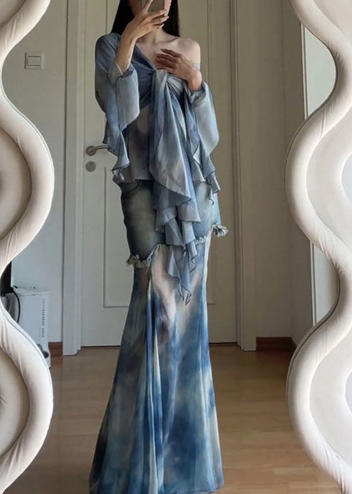 Dye Set Pieces Stylish Patchwork Tulle Tie Two Flare Up Lace Blue FashionChic