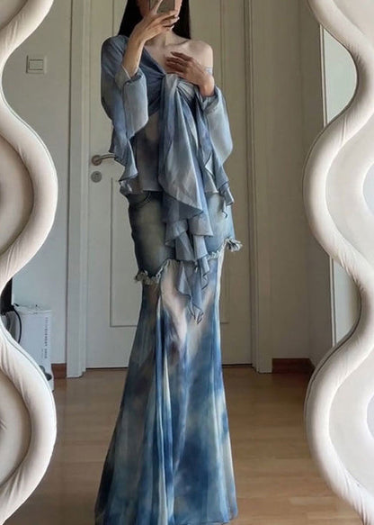 Dye Set Pieces Stylish Patchwork Tulle Tie Two Flare Up Lace Blue FashionChic