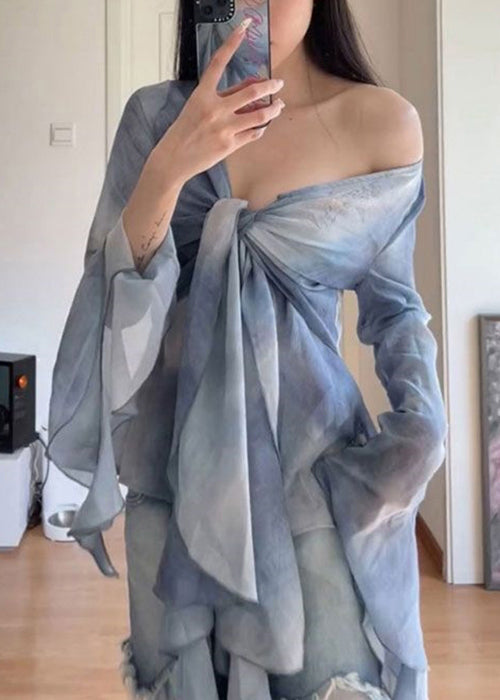 Dye Set Pieces Stylish Patchwork Tulle Tie Two Flare Up Lace Blue FashionChic