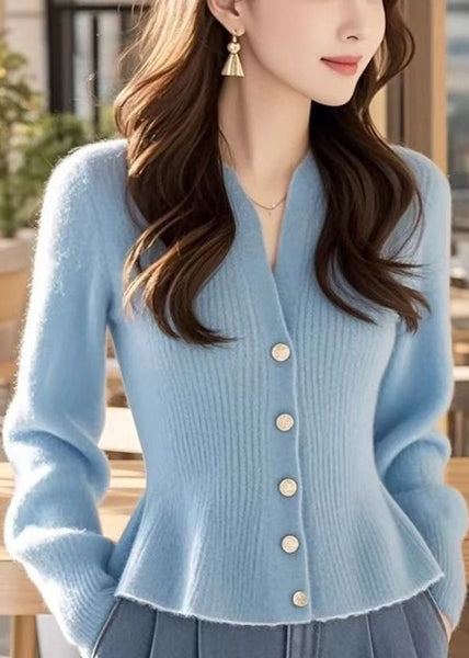 Stylish Blue V Neck Button Solid Knit Sweater Spring TF016