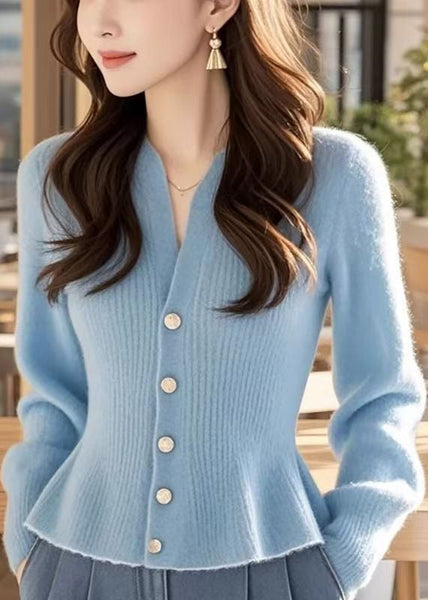 Stylish Blue V Neck Button Solid Knit Sweater Spring TF016